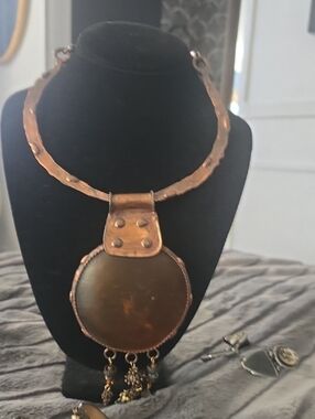 Maya Copper Collar Necklace with Brown Pendant and Dangle Charms